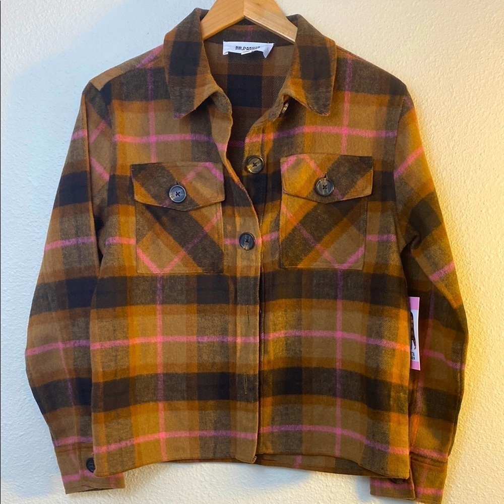 NWT BB Dakota Steve Madden Brown Plaid Flannel Boxy Shacket Size Small